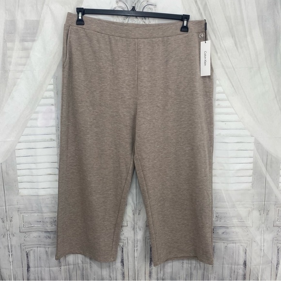 Calvin Klein Size XL Tan Oatmeal Elastic Waist Wide Leg Pants Crop 24.5" Inseam - Picture 1 of 10